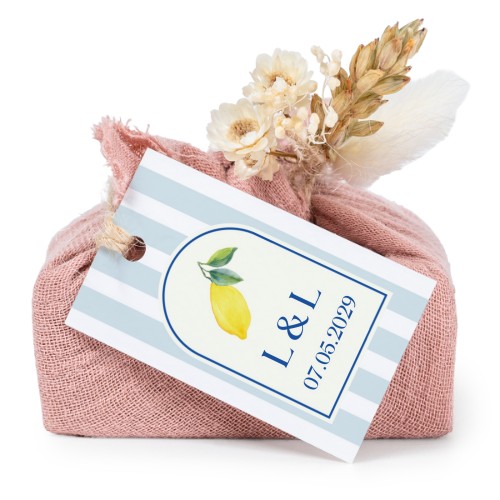 Tvålar i rosa tygförpackningar med rektangulär etikett (6 st)