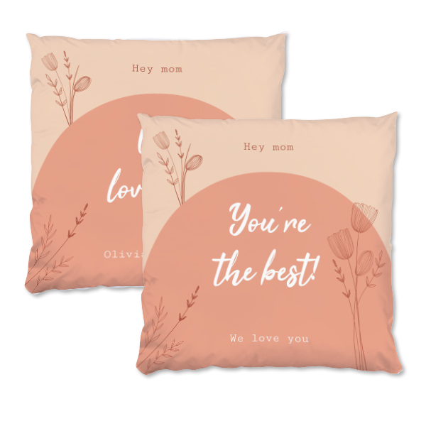 Pudebetræk i polyester og pude, Kvadratisk L med tryk på for- og bagside Pudebetræk i polyester og pude, Kvadratisk L med tryk på for- og bagside