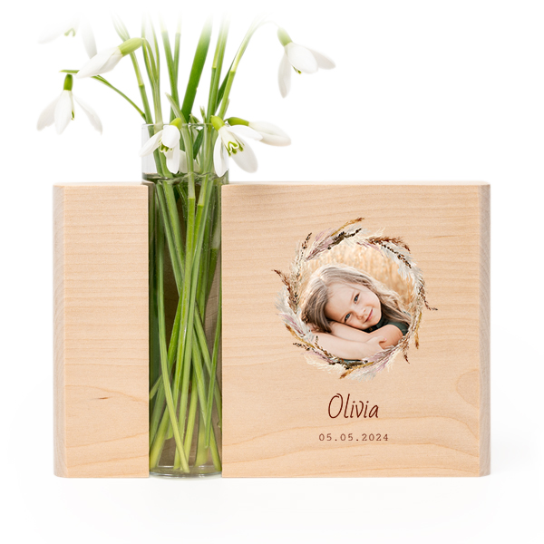 Vase et support en bois avec photo Vase et support en bois avec photo