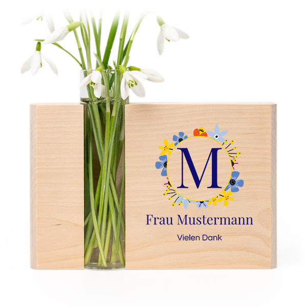 Bedruckter Holzblock mit Reagenzglas Vase 