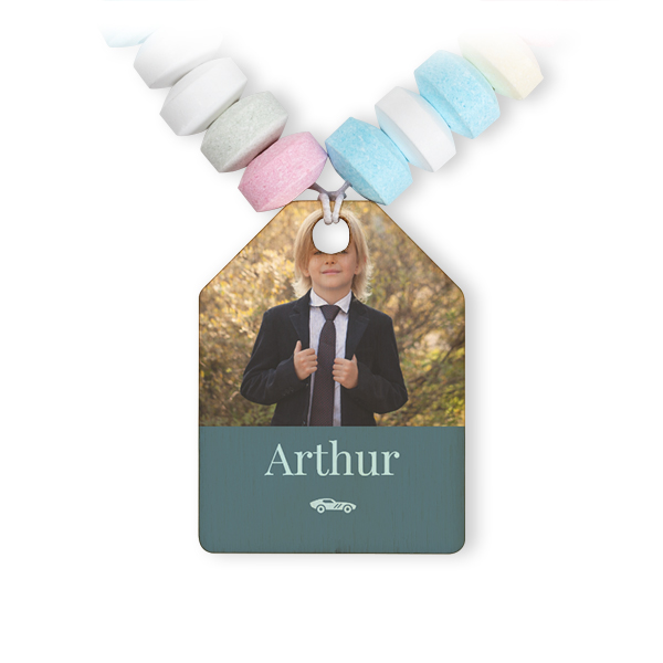 Collier de bonbons et étiquette en bois avec photo - lot de 12