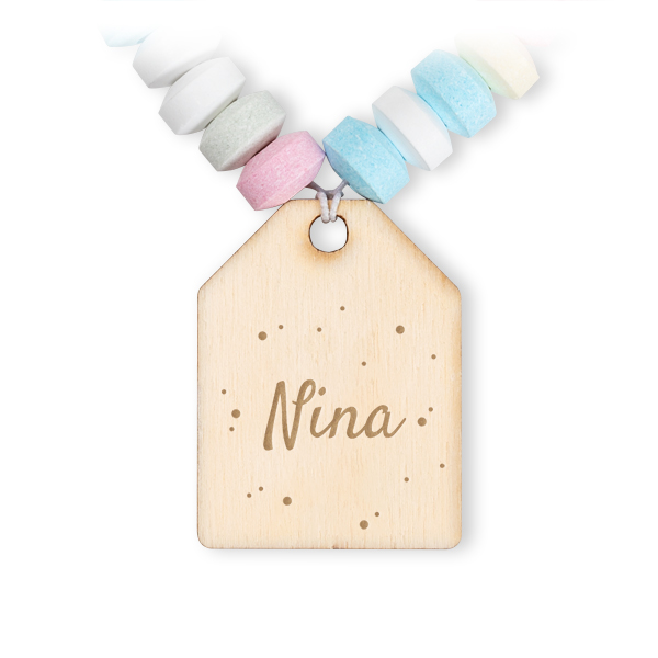 Candy necklace with engraved wooden label - Set of 12