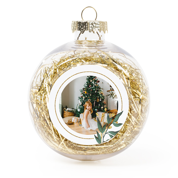 Set Weihnachtskugeln personalisiert mit Foto - 2 Stk. (Transparent, Lametta Gold)