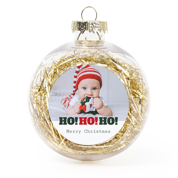 Set Weihnachtskugeln personalisiert mit Foto - 2 Stk. (Transparent, Lametta Gold)