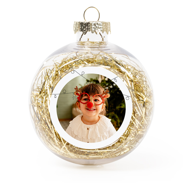 Set Weihnachtskugeln personalisiert mit Foto - 2 Stk. (Transparent, Lametta Gold)