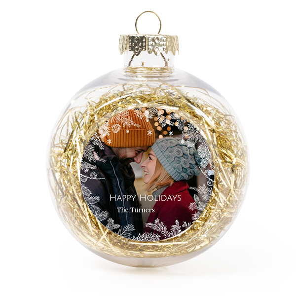 Set Weihnachtskugeln personalisiert mit Foto - 2 Stk. (Transparent, Lametta Gold)