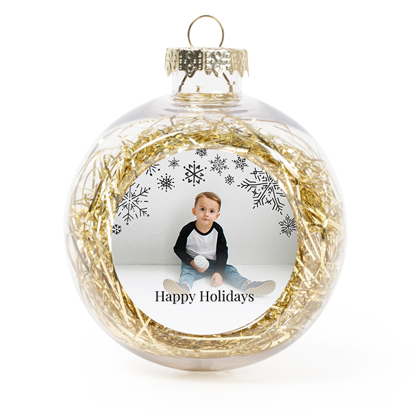 Set Weihnachtskugeln personalisiert mit Foto - 2 Stk. (Transparent, Lametta Gold)