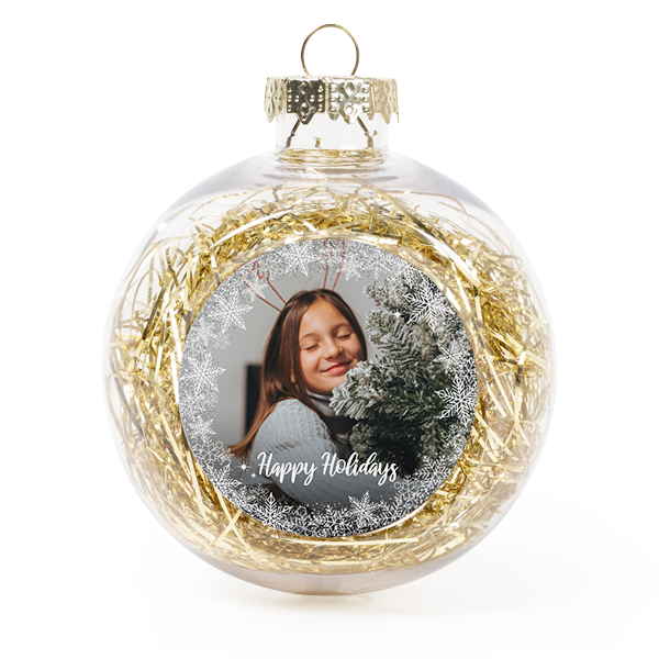 Set Weihnachtskugeln personalisiert mit Foto - 2 Stk. (Transparent, Lametta Gold)