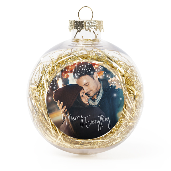 Set Weihnachtskugeln personalisiert mit Foto - 2 Stk. (Transparent, Lametta Gold)