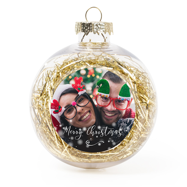 Set Weihnachtskugeln personalisiert mit Foto - 2 Stk. (Transparent, Lametta Gold)