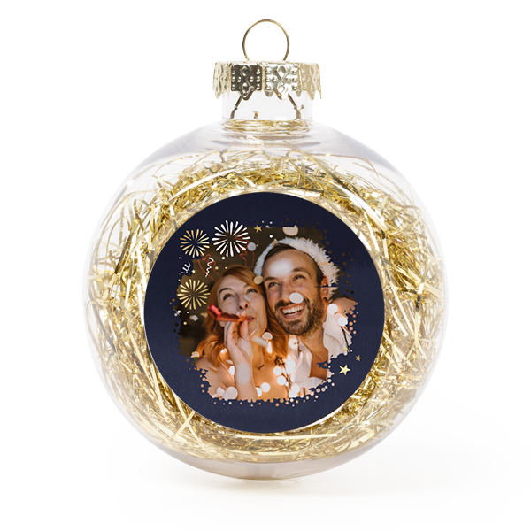 Set Weihnachtskugeln personalisiert mit Foto - 2 Stk. (Transparent, Lametta Gold) Set Weihnachtskugeln personalisiert mit Foto - 2 Stk. (Transparent, Lametta Gold)