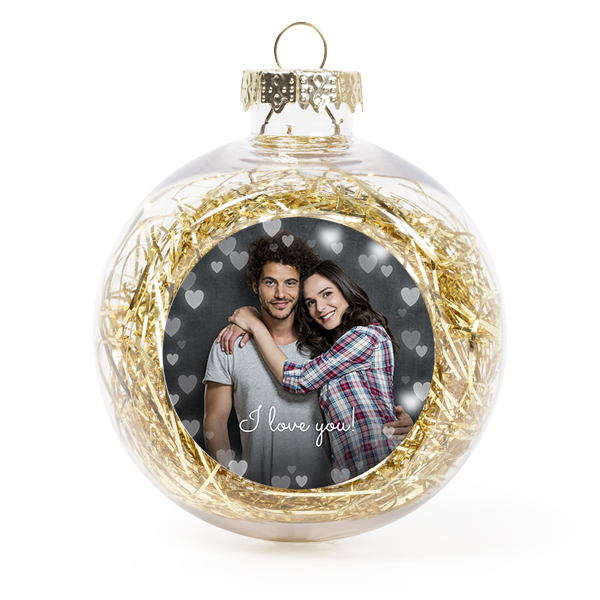 Set Weihnachtskugeln personalisiert mit Foto - 2 Stk. (Transparent, Lametta Gold)