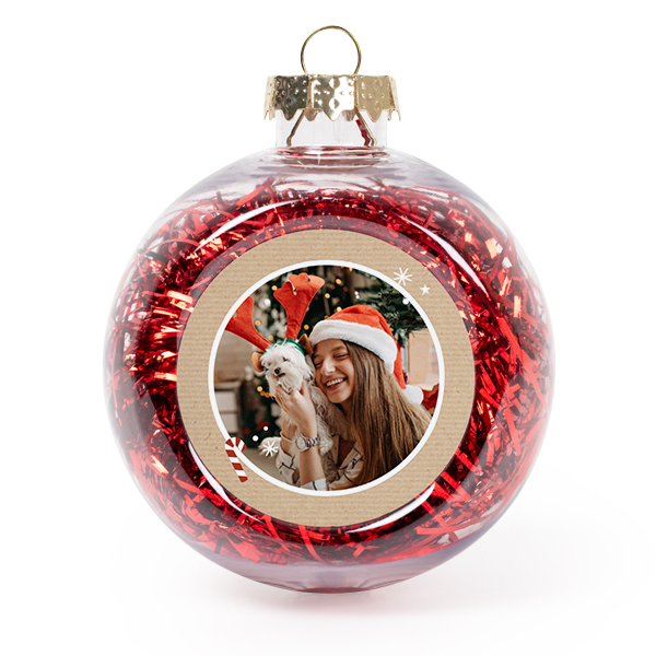 Set Weihnachtskugeln personalisiert mit Foto - 2 Stk. (Transparent, Lametta Rot)