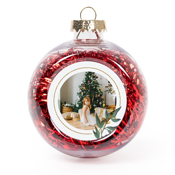 Set Weihnachtskugeln personalisiert mit Foto - 2 Stk. (Transparent, Lametta Rot)