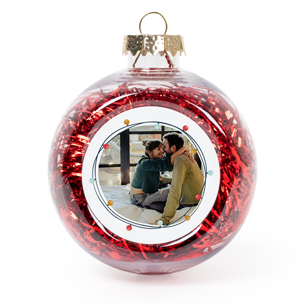 Set Weihnachtskugeln personalisiert mit Foto - 2 Stk. (Transparent, Lametta Rot)