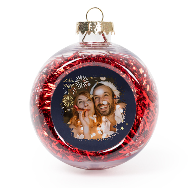 Set Weihnachtskugeln personalisiert mit Foto - 2 Stk. (Transparent, Lametta Rot)