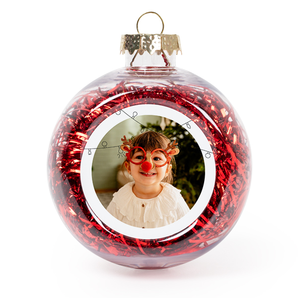 Set Weihnachtskugeln personalisiert mit Foto - 2 Stk. (Transparent, Lametta Rot)