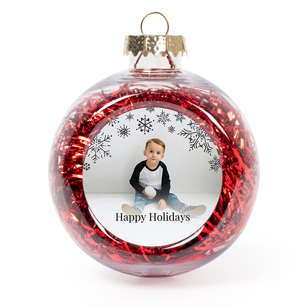 Set Weihnachtskugeln personalisiert mit Foto - 2 Stk. (Transparent, Lametta Rot)