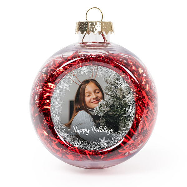 Set Weihnachtskugeln personalisiert mit Foto - 2 Stk. (Transparent, Lametta Rot)