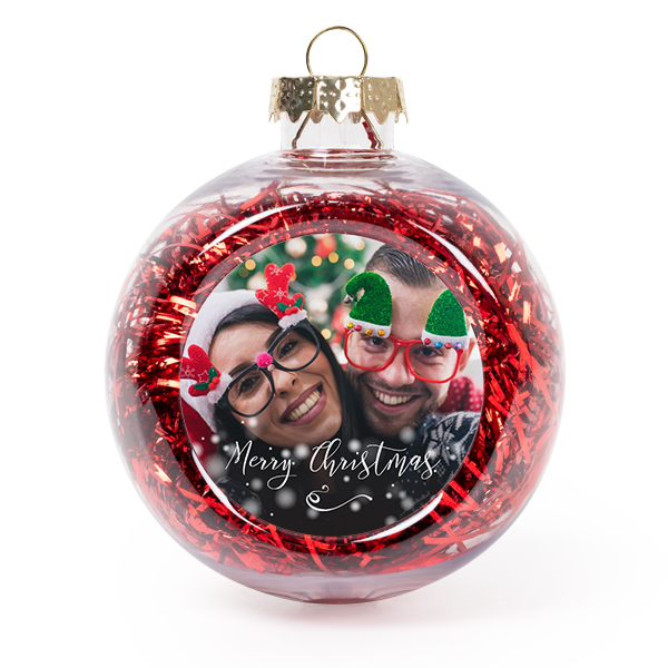 Set Weihnachtskugeln personalisiert mit Foto - 2 Stk. (Transparent, Lametta Rot)