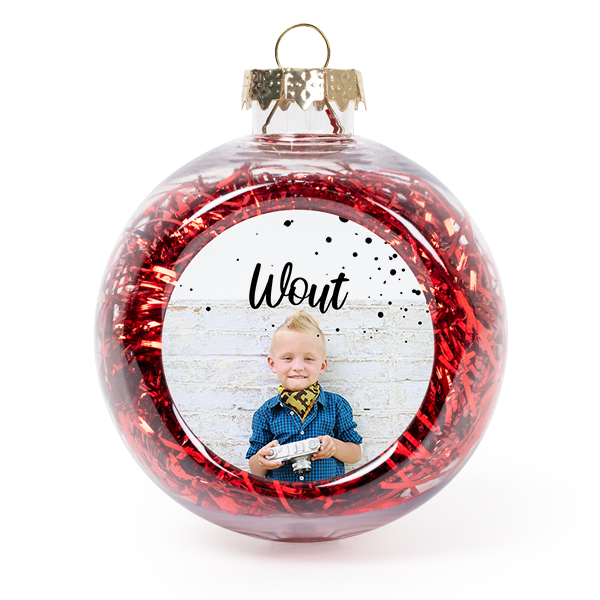 Set Weihnachtskugeln personalisiert mit Foto - 2 Stk. (Transparent, Lametta Rot)