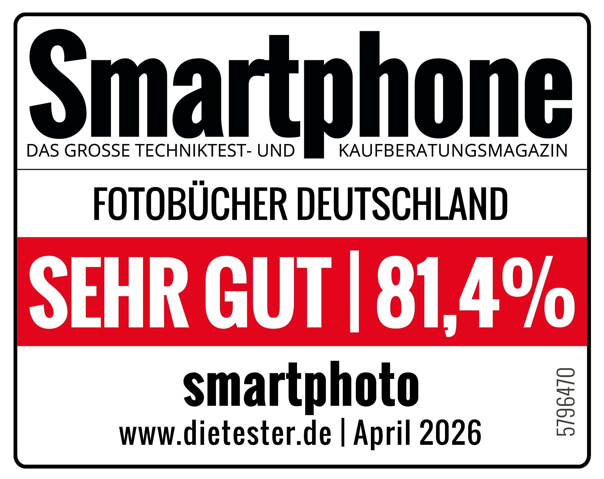 Testsiegel von Smartphone Magazin: smartphoto Fotobücher Deutschland mit Sehr Gut (81,4 %) ausgezeichnet (April 2026) 