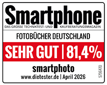 Testsiegel von Smartphone Magazin: smartphoto Fotobücher Deutschland mit Sehr Gut (81,4 %) ausgezeichnet (April 2026) 