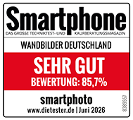 Testsiegel von Smartphone Magazin: smartphoto Wandbilder Deutschland mit Sehr Gut (85,7 %) ausgezeichnet (Juni 2026) 