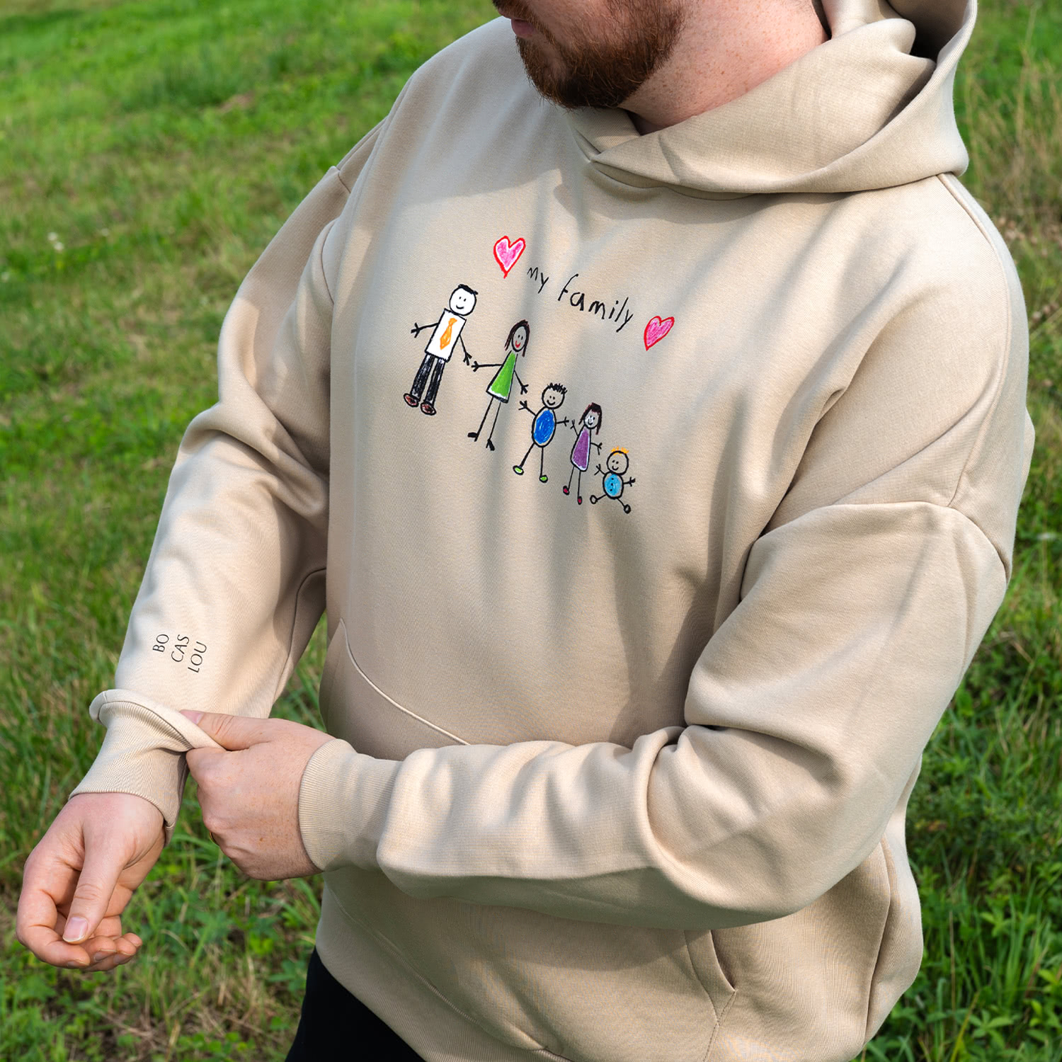Hoodie Sand - teckning framsida och ärm - L