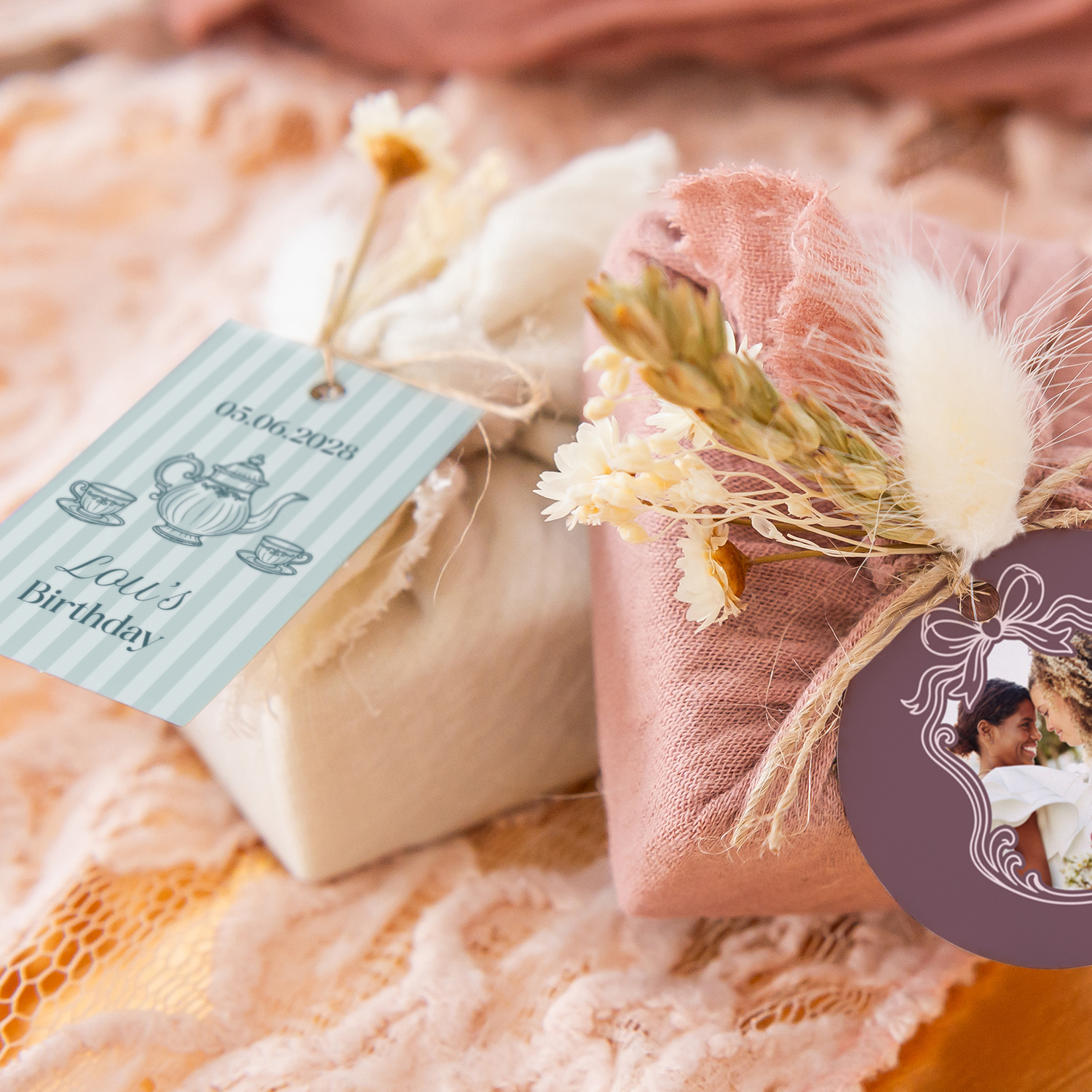 smartphoto Sæber i lyserøde stofindpakninger med rektangulært mærke (sæt á 6)