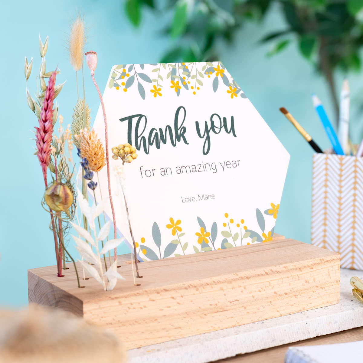 smartphoto Borddekoration med kort og tørrede blomster, sekskantede kort