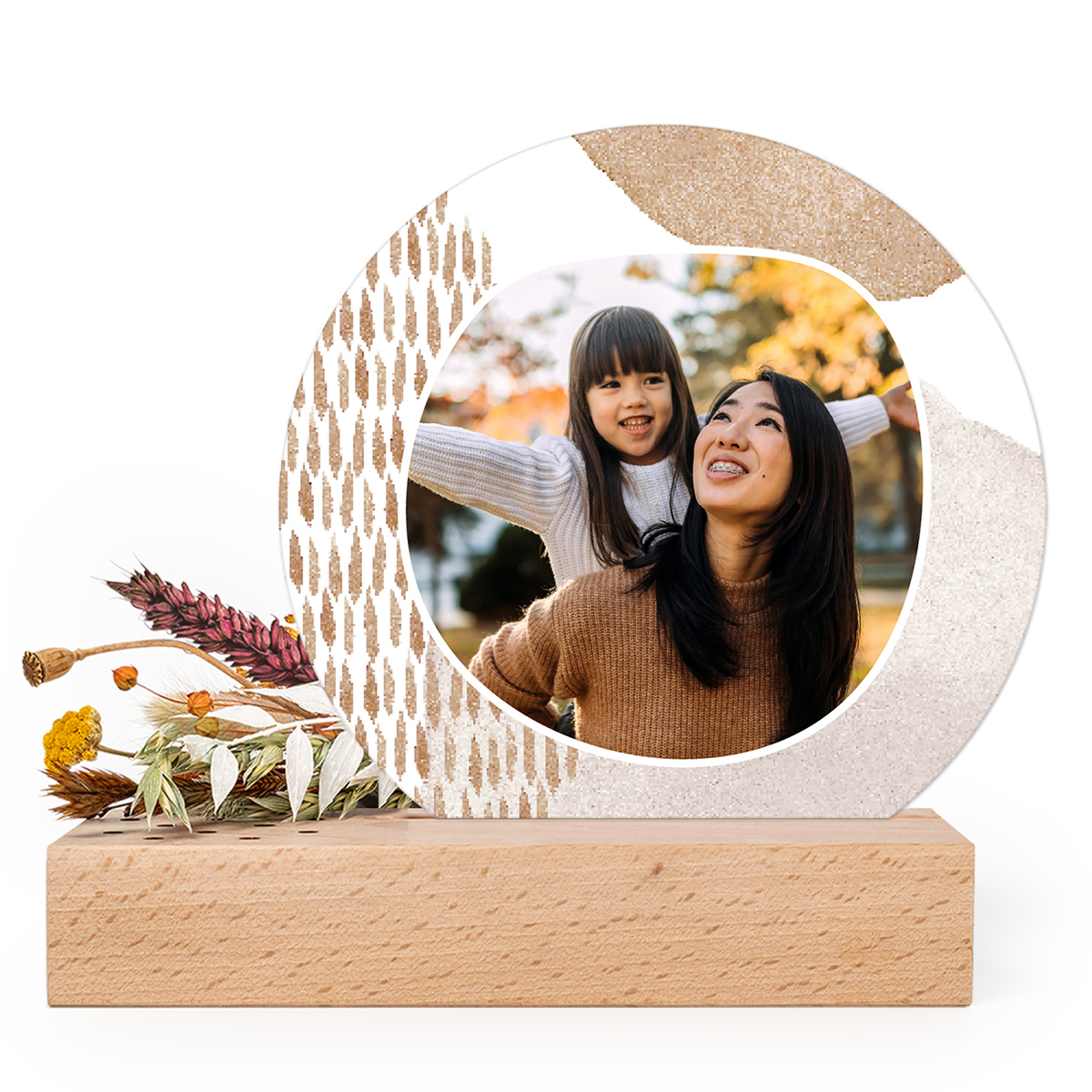 Personlig trekloss med pressede blomster | rund forex art display