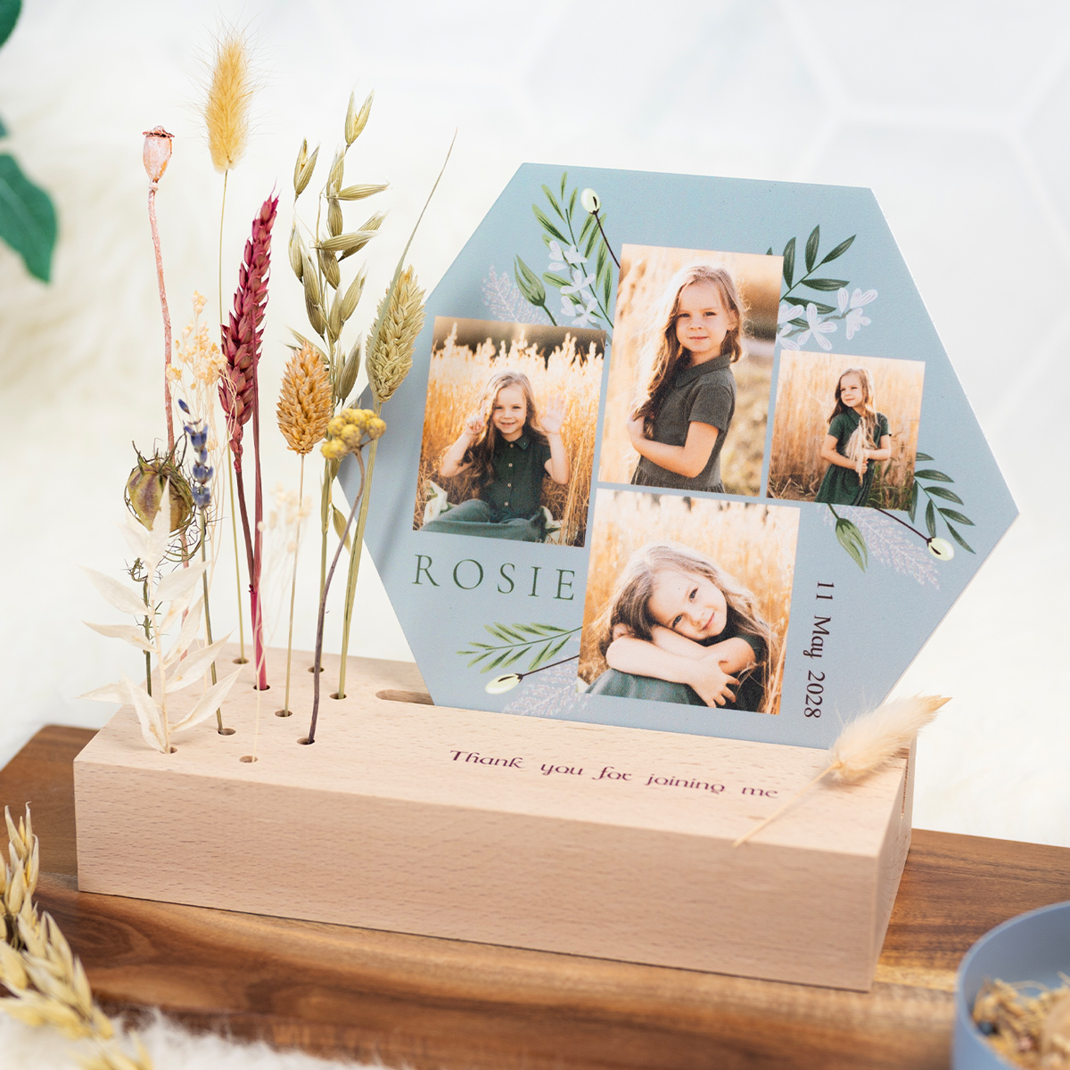 smartphoto Træholder med print, tørrede blomster og sekskantet forex-kort