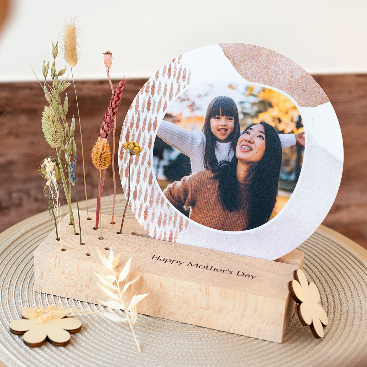 smartphoto Træholder med print, tørrede blomster og afrundet forex-kort