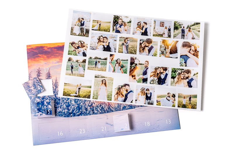 Personalised photo advent calendar featuring a collage of personal photos and numbered doors with a wintery scene background.