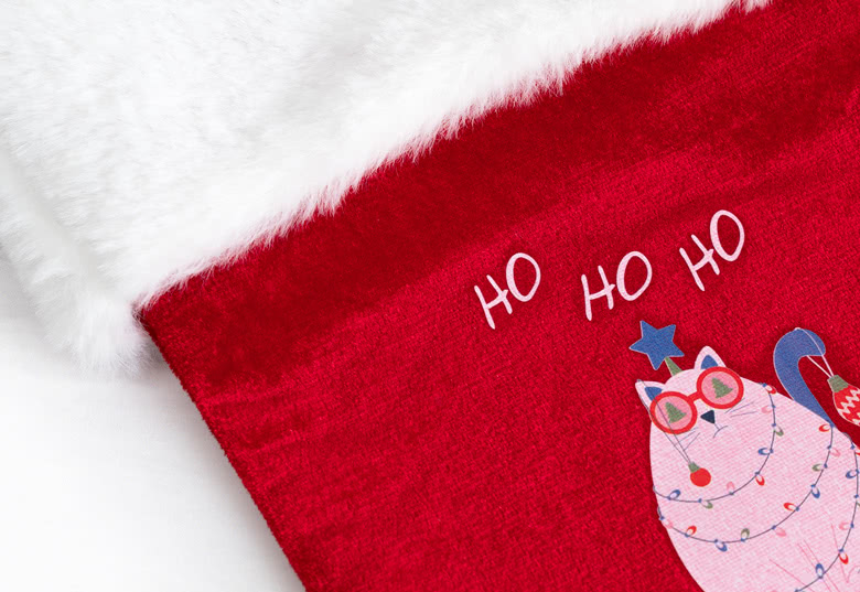 Red Christmas stocking with white fur trim, featuring a festive cat design, "Ho Ho Ho" text, and personalisation option.