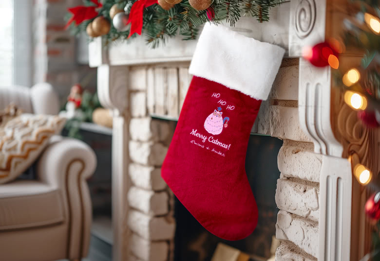 Red Christmas stocking with a white cuff, personalised with a pink cat illustration, "Merry Catmas!" text, and custom name.