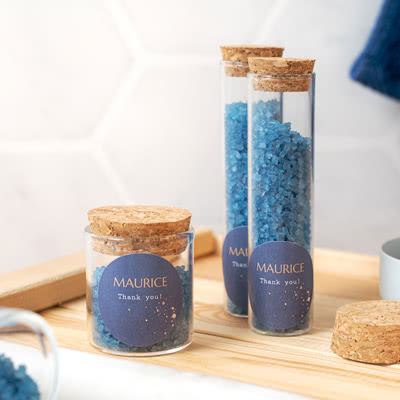 Glass jars and tubes with bath salt - set of 12