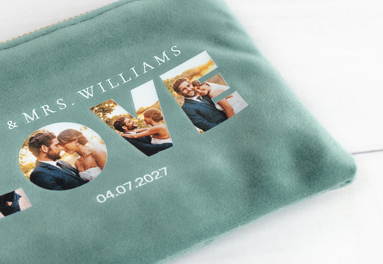 Green velour toiletry bag personalised with photos and text. Features the word "LOVE," a couple's name, and a date.