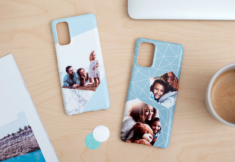 Custom Samsung phone cases with personal photos on a light blue background.