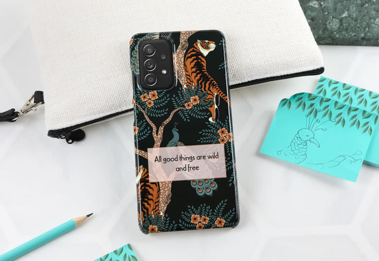 Customised Samsung phone case with tiger and floral pattern, text "All good things are wild and free".