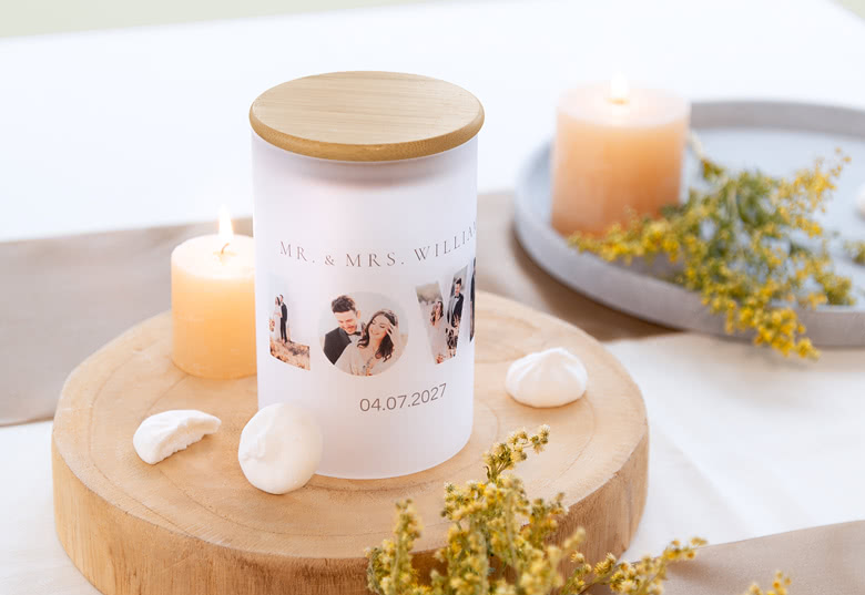 Personalised white storage jar with a wooden lid, featuring a collage of wedding photos and text "Mr. & Mrs. Williams", dated 04.07.2027.