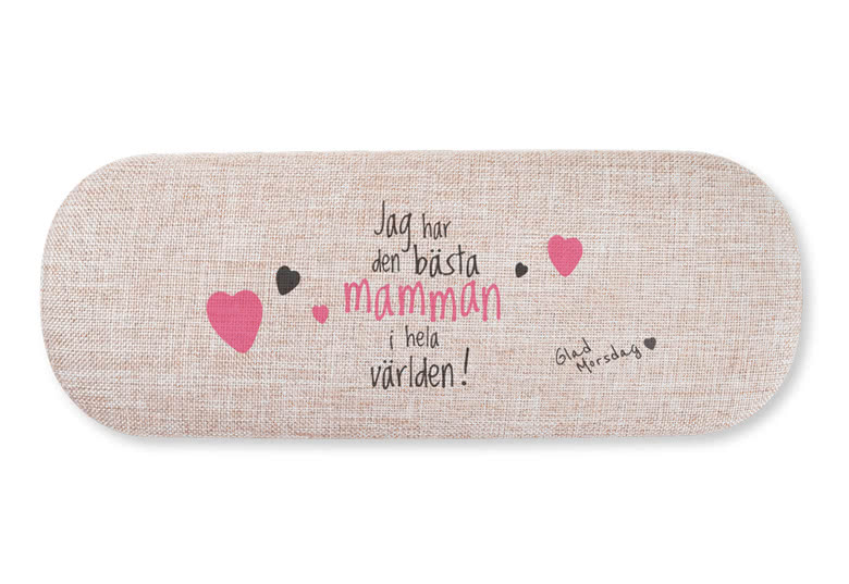 Beige glasögonfodral med ett rosa hjärta och anpassad text "You're the best, mum!" i vitt.
