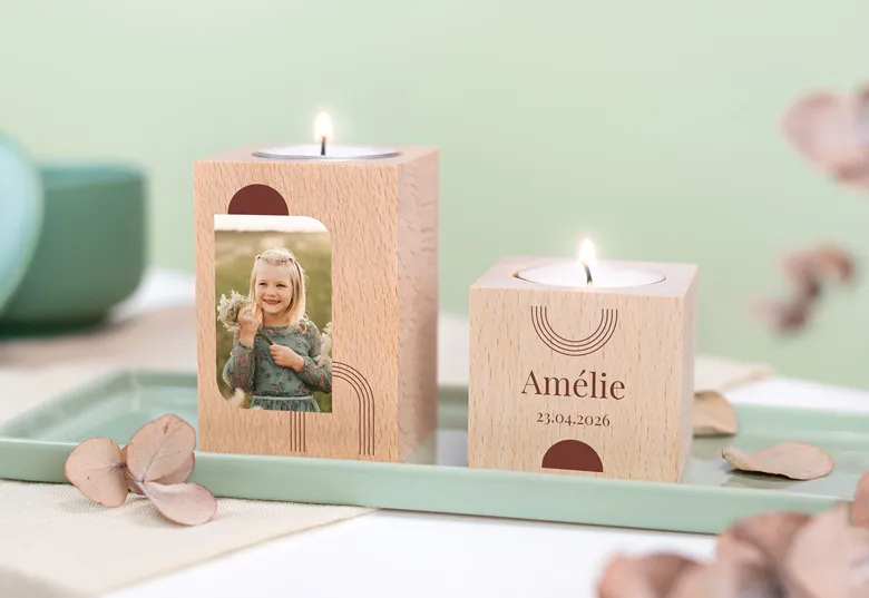 Houten waxinelicht houders met gravure of fotoâ|âSint cadeautje vrouw