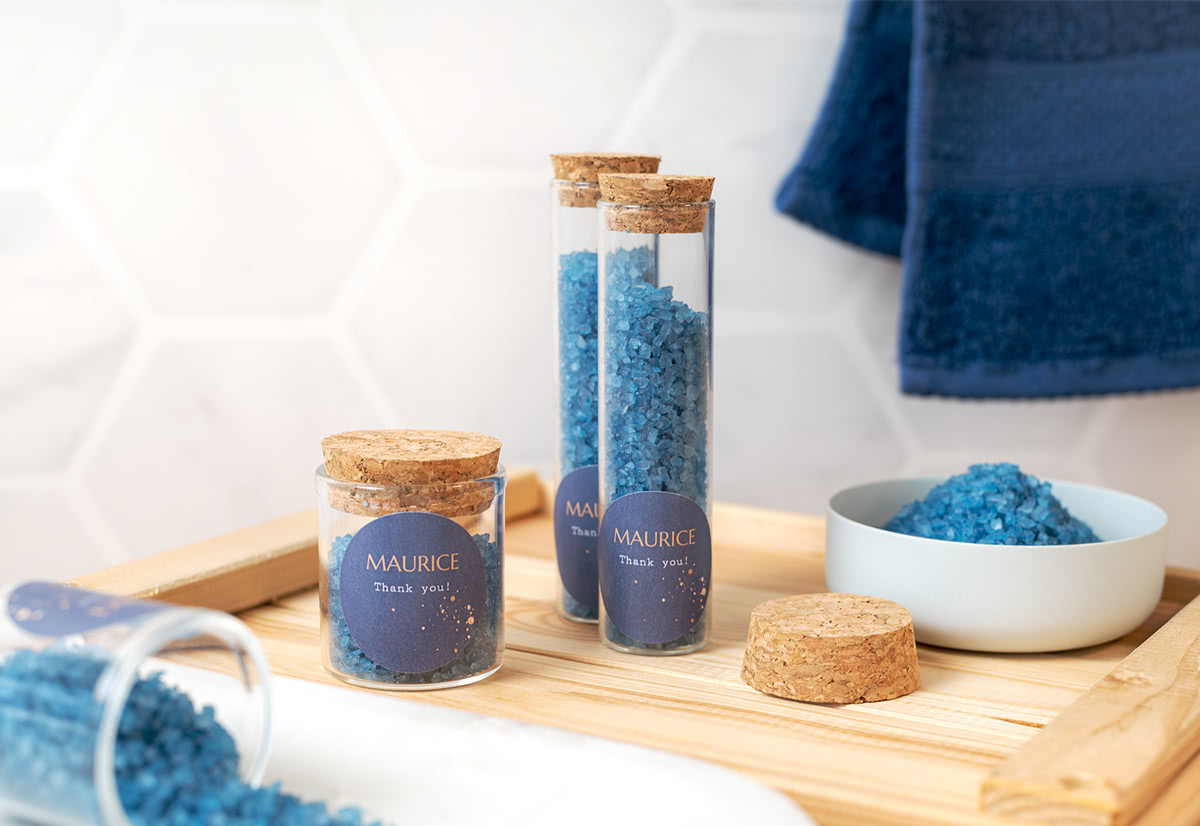 smartphoto Glasrör med runda klistermärken & blått badsalt - 12 st