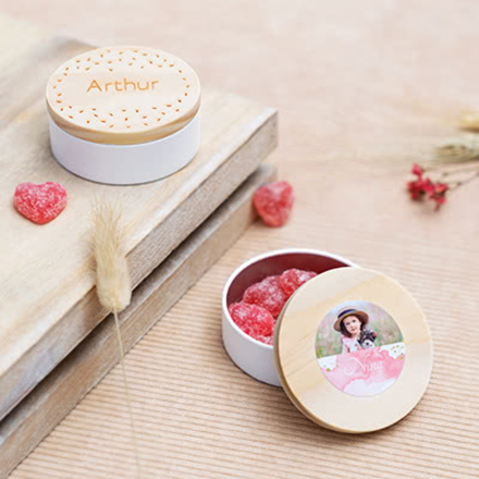 Geschenkdoosje met houten deksel en sticker (set van 12)