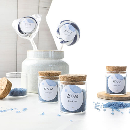 Mini-Glas mit rundem Sticker u. blauem Badesalz - 12 Stk.