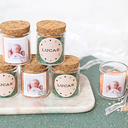 Mini bocal avec stickers carré et sel de bain vert (lot de 12)