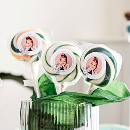 Rosa Lutscher mit Fotoaufkleber personalisiert - 12 stk
