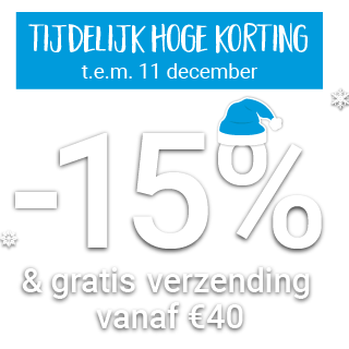 Tijdelijke actie van de maand december: -15% op alles & gratis verzending vanaf 40 euro